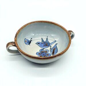 Ken Edwards Tonala Mexico Bluebird Double-Handle Ceramic Bowl